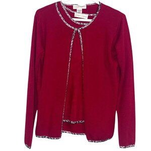 Casual Corner Red & Leopard Trim Open Cardigan Sweater 100% Acrylic